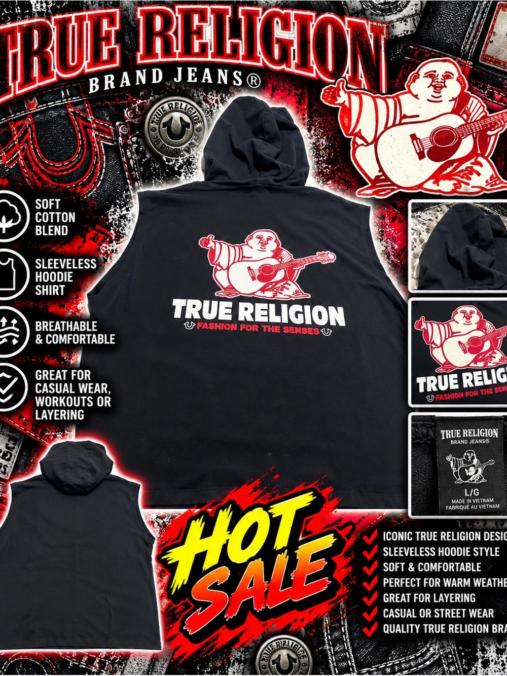 True Religion Black Hoodie with Red & White Guitar Buddha Logo